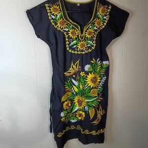 Black Floral-Embroidered Mini Dress with Yellow Sunflower Detail